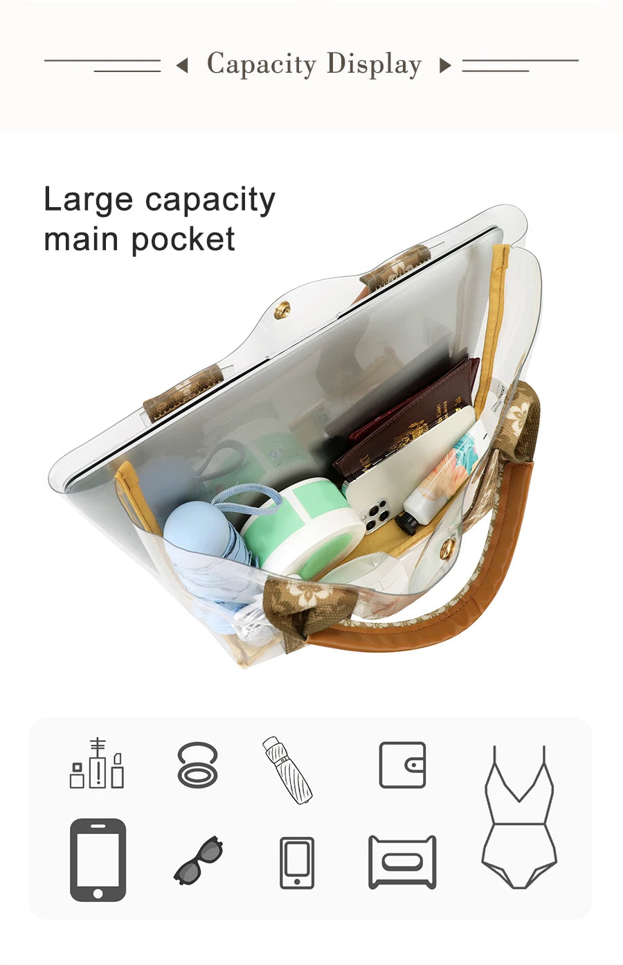 TINYAT Khaki Bohemian Style Clear PVC Tote Bag for Women, Transparent Shopper Clutch Purse for Daily Use and Music Festivals