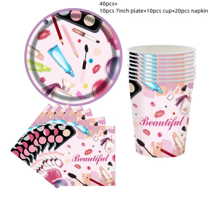 Cosmetics Makeup SPA Theme Party Decoration Tableware Set Paper Cup Plate Napkins Tablecloth Wedding Event Girls Birthday Favor