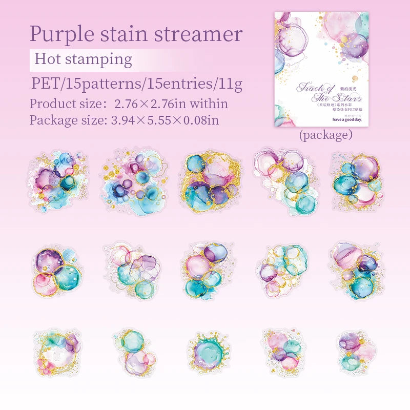 15 Pcs Creative Watercolor smudging hot stamping Stickers hand tent DIY Stick Labels Scrapbooking Material Junk Journal Supplies