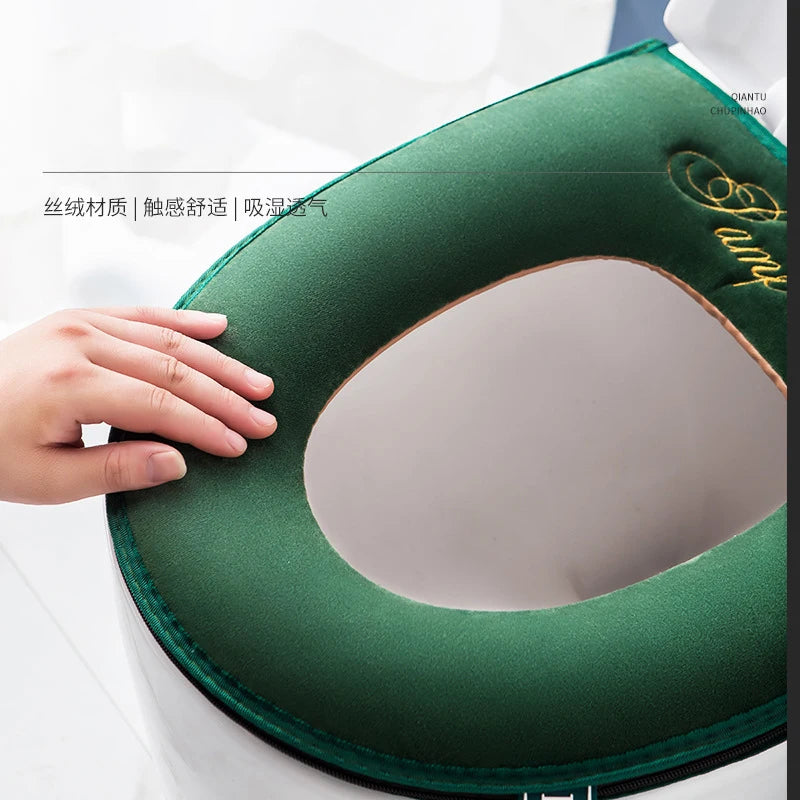 Universal Warm Velvet Toilet Seat Cover, Zipper Flip Lid Handle Tab, Letters Embroidery, Washable, Waterproof Pad, Winter
