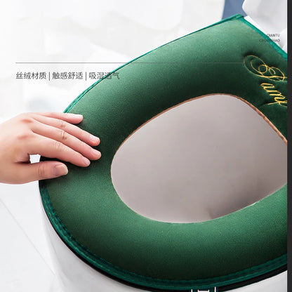 Universal Warm Velvet Toilet Seat Cover, Zipper Flip Lid Handle Tab, Letters Embroidery, Washable, Waterproof Pad, Winter