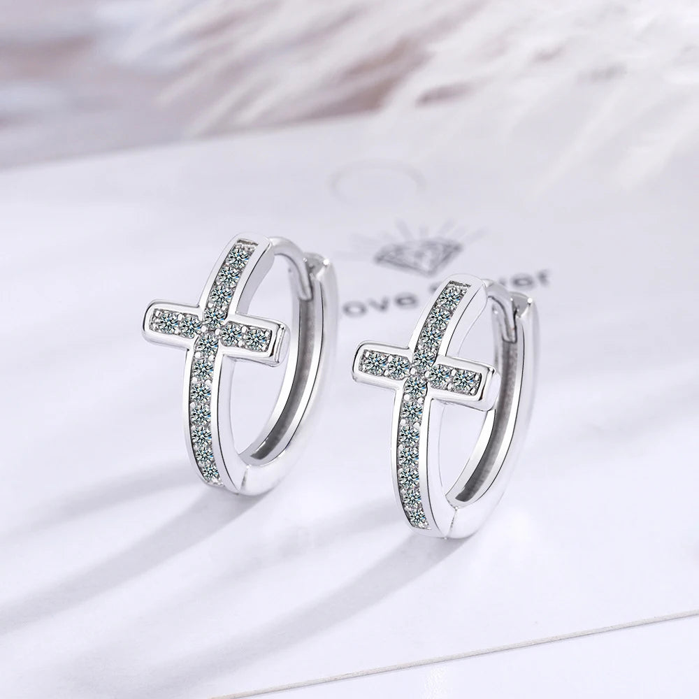 Fanqieliu Stamp 925 Silver Needle CZ Zircon Cross Hoop Earrings For Woman New Jewelry Girl Gift Trendy FQL21473