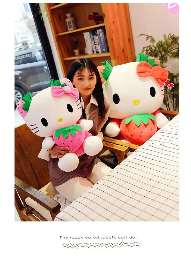 Kawaii Sanrio Hello Kitty Plush Stuffed Toy Strawberry KT Cat Pillow Doll Children's Birthday Gift Home Decoration Animal Doll