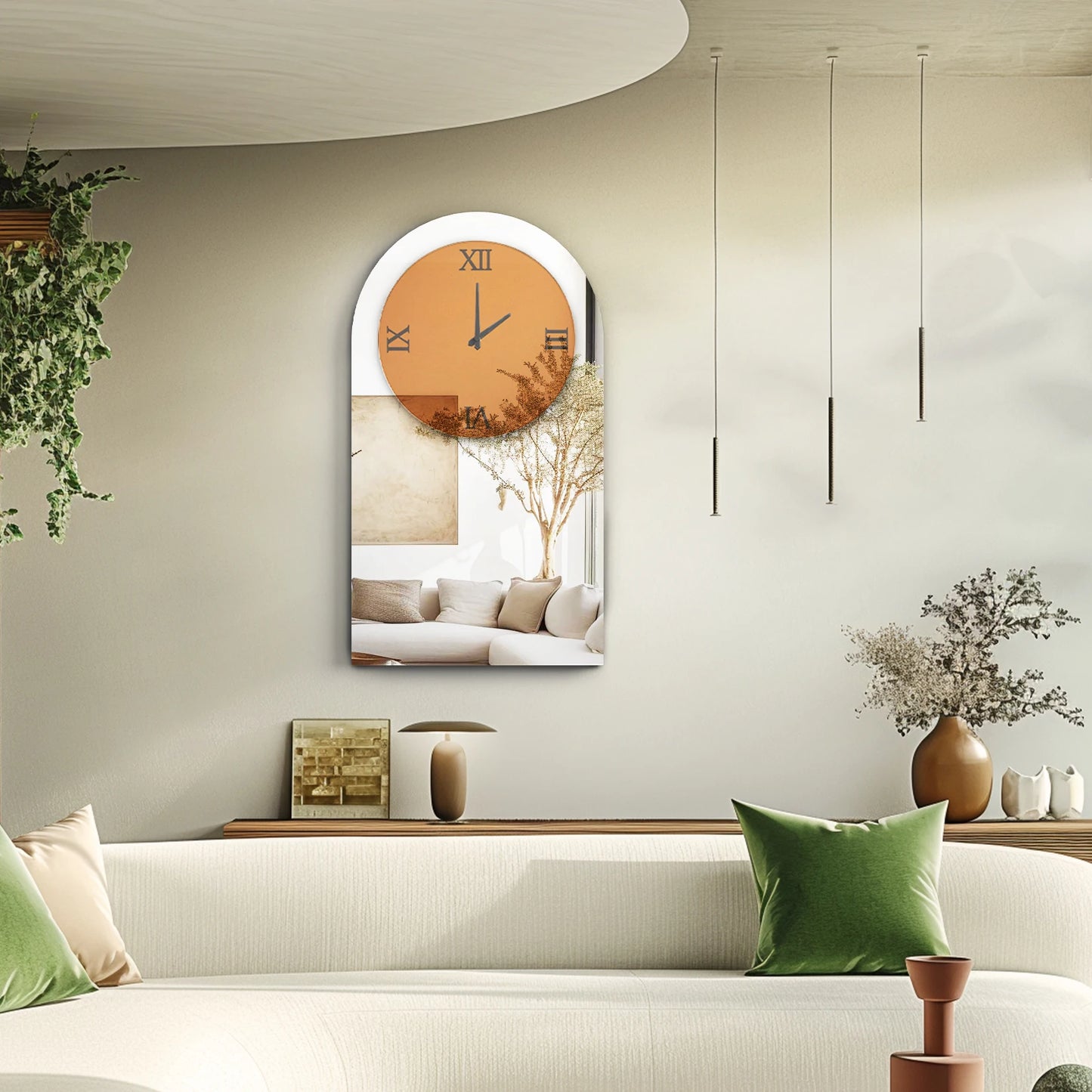 Modern Arched Mirrored Wall Clock Silver Glass Roman Numerals Decorative Clock for Living Room Bedroom