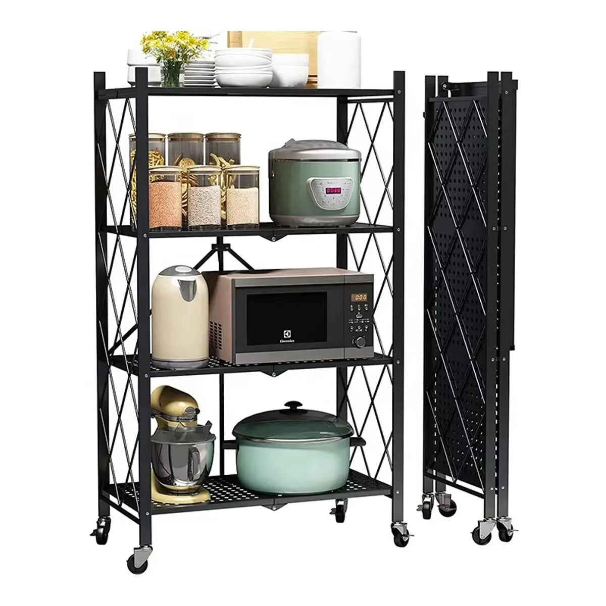 Folding Trolley Cart Shelf Storage Rack Rolling Office Wheels Metal 3/4/5 Tier