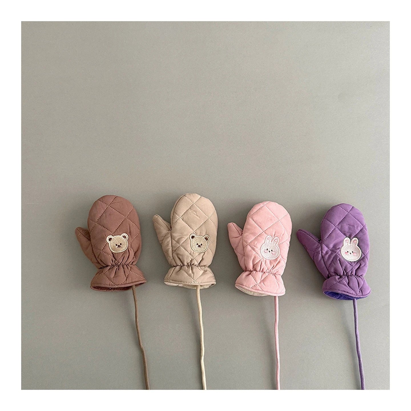 Kids Winter Gloves with Neck String - Warm Cartoon Mittens for Toddlers