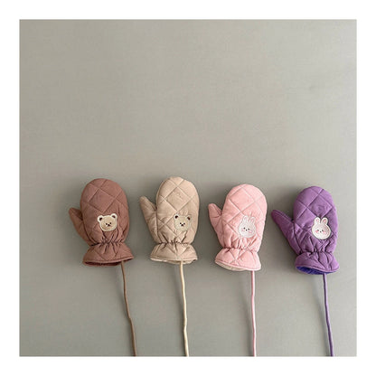 Kids Winter Gloves with Neck String - Warm Cartoon Mittens for Toddlers