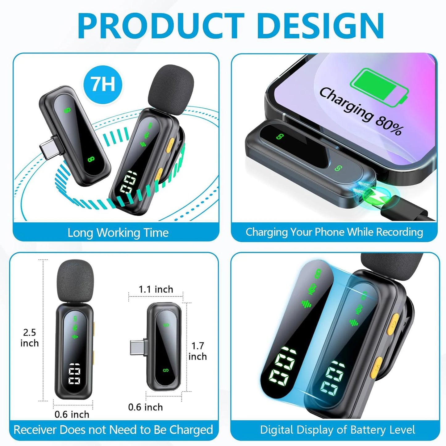 Professional Wireless Lavalier Microphone Plug and Play, with LED Power Display for Content Creators Recording, Live Streaming
