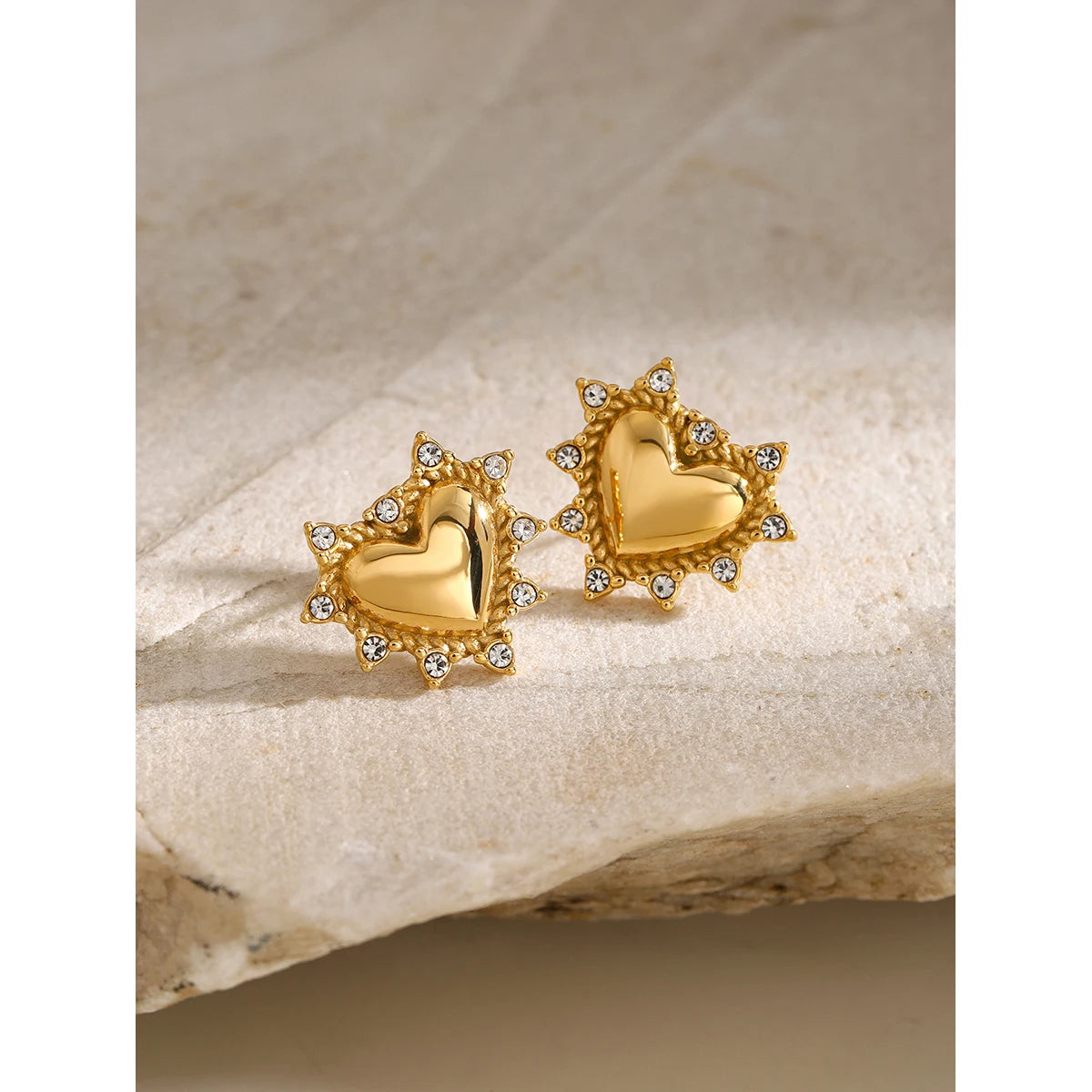 Uworld Luxury Rhinestone Inlay Heart Stud Earrings for Women Stainless Steel 18K PVD Plated Texture Waterproof Charm Jewelry