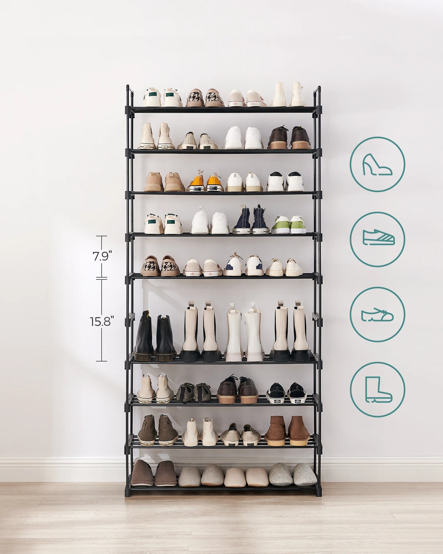 SONGMICS LSA10BK 10 Tier Shoe Rack High Shoe Rack Slim Shoe Rack Storage Metal Space Saving Dressing Room Entrance