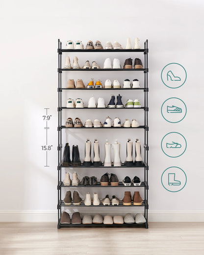 SONGMICS LSA10BK 10 Tier Shoe Rack High Shoe Rack Slim Shoe Rack Storage Metal Space Saving Dressing Room Entrance