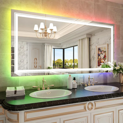 Large Full Size RGB LED Bathroom Mirror with Lights, Dimmable Wall Mirrors, Smart Anti-Fog, Vertical and Horizontal