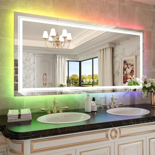 Large Full Size RGB LED Bathroom Mirror with Lights, Dimmable Wall Mirrors, Smart Anti-Fog, Vertical and Horizontal