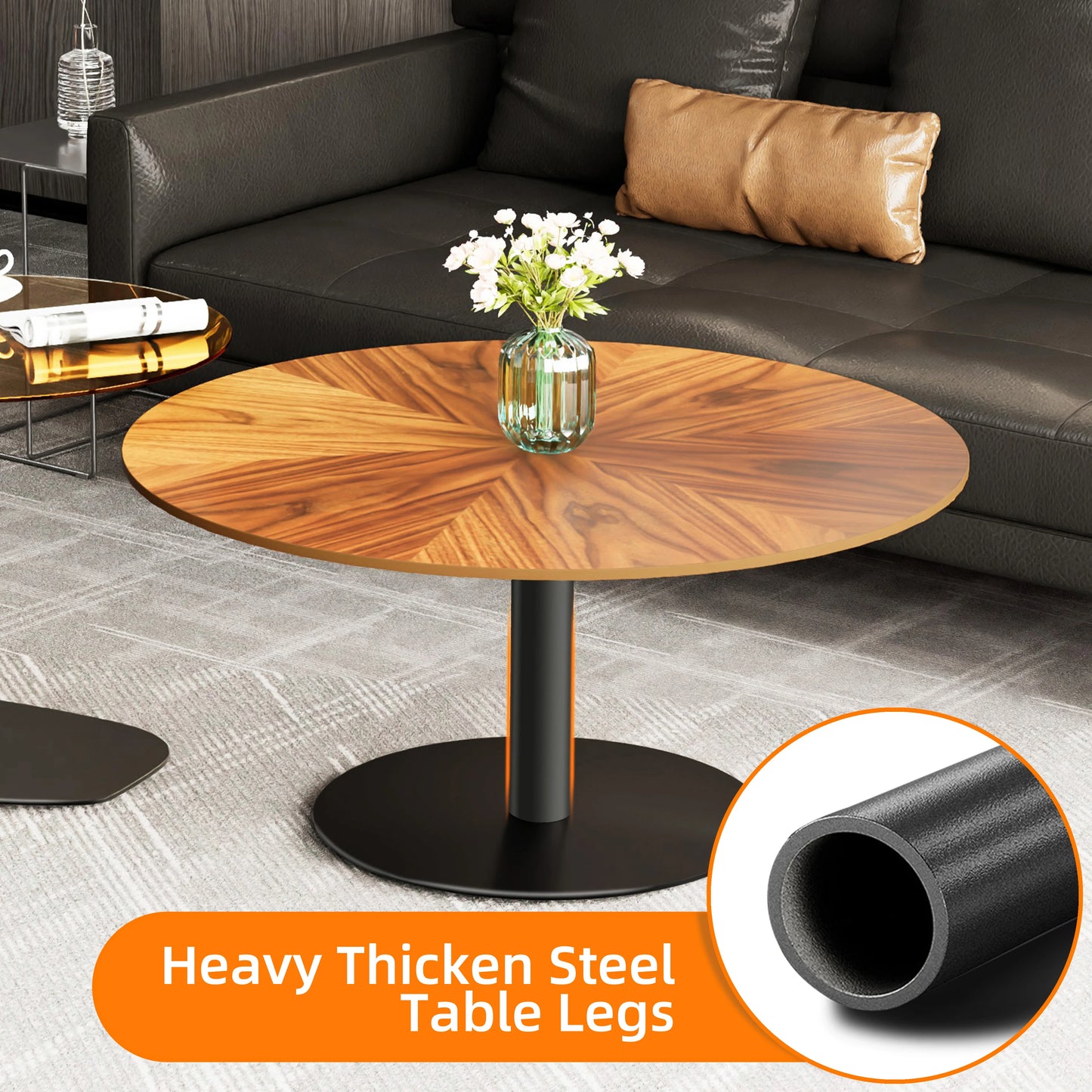 Modern Coffee Table Set, Round Nesting Table, Beech Wood, Sintered Stone and Glass, Set of 2 for Living Room Offoce