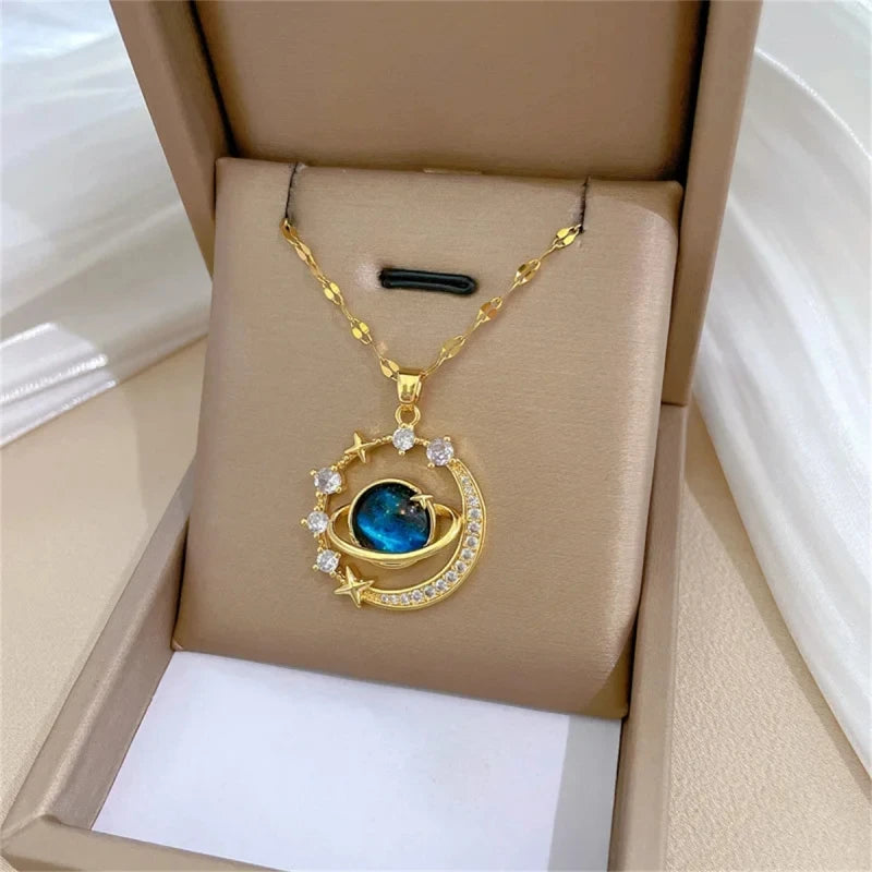 Exquisite Starry Sky Planet Light Luxurious Temperament Gorgeous Necklace Star and Moon Versatile Stainless Steel Clavicle Chain