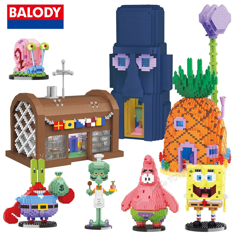 Spongebob Cartoon Krusty Krab Restaurant Building Blocks Creative Canteen Scenes Model Bricks Desktop Ornaments Toy For Kid Gift