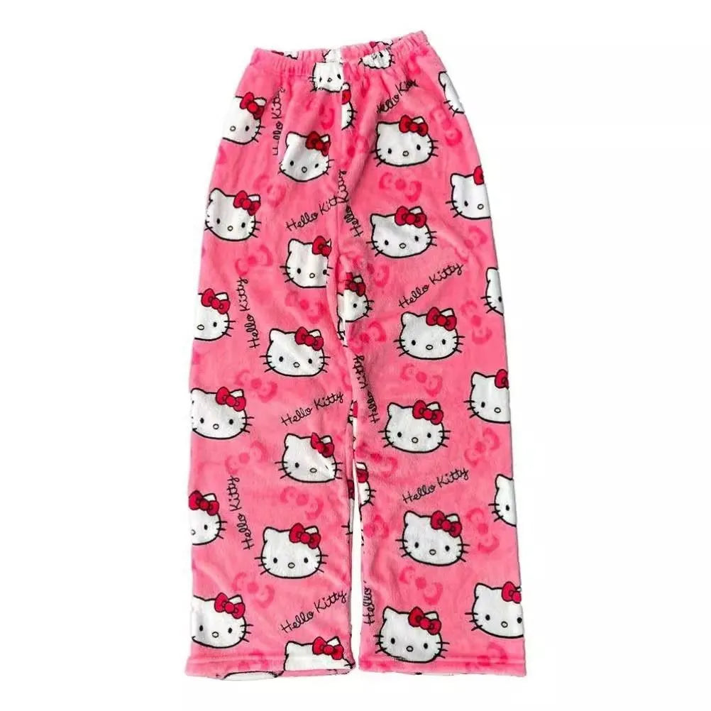 Halloween Cartoon Hello Kitty Flannel Pajamas Women's Autumn and Winter Plus Velvet Warm Casual Home Graffiti Pants
