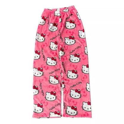 Halloween Cartoon Hello Kitty Flannel Pajamas Women's Autumn and Winter Plus Velvet Warm Casual Home Graffiti Pants
