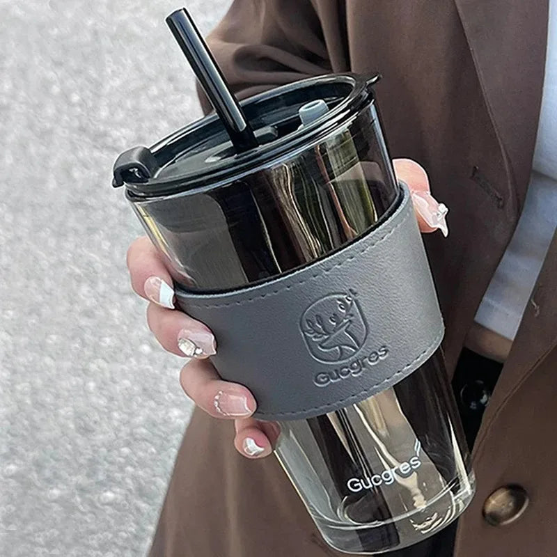 450ML High Beauty Wind Bamboo Glass Cup Summer Straw Large Capacity Women's Straw Cup