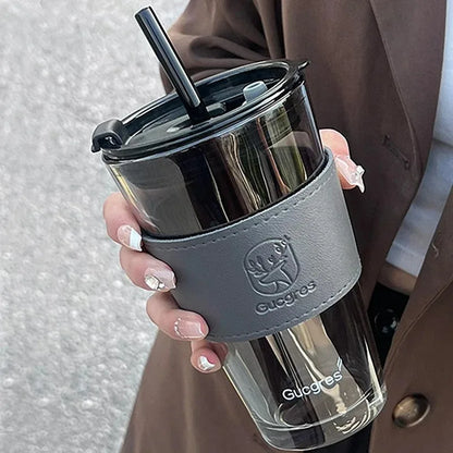 450ML High Beauty Wind Bamboo Glass Cup Summer Straw Large Capacity Women's Straw Cup