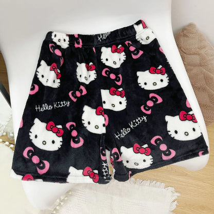 Halloween Cartoon Hello Kitty Flannel Pajamas Women's Autumn and Winter Plus Velvet Warm Casual Home Graffiti Pants