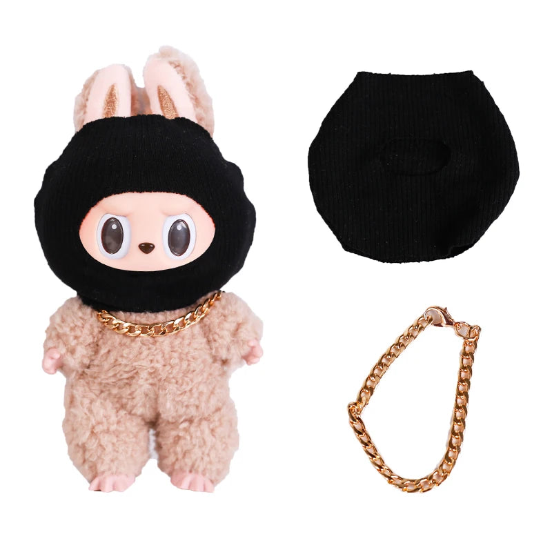 For Labubu Clothes Accessories Trendy Cool Cute Fun and Funny Style Black Knit Hat and Necklace Street Fashion Doll Accessories