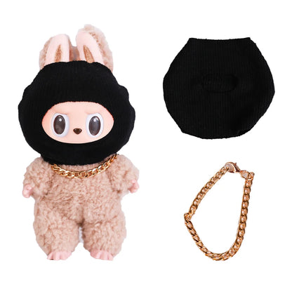 For Labubu Clothes Accessories Trendy Cool Cute Fun and Funny Style Black Knit Hat and Necklace Street Fashion Doll Accessories