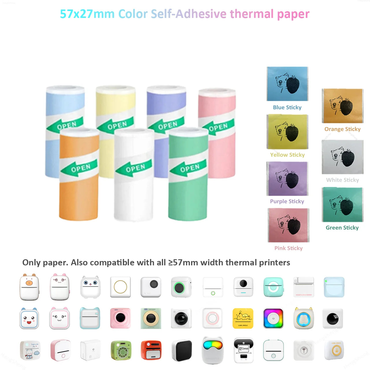 Color Label Sticker Mini Printer Thermal Paper 57mm 10ft Self-adhesive Thermal Printing Paper For Inkless Printing Photo Picture