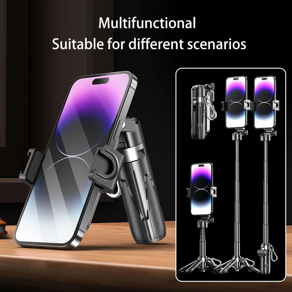 Portable Bluetooth Selfie Stick Tripod with Remote, Foldable Phone Holder Stand for iPhone & Smartphones, Mini Keychain Design