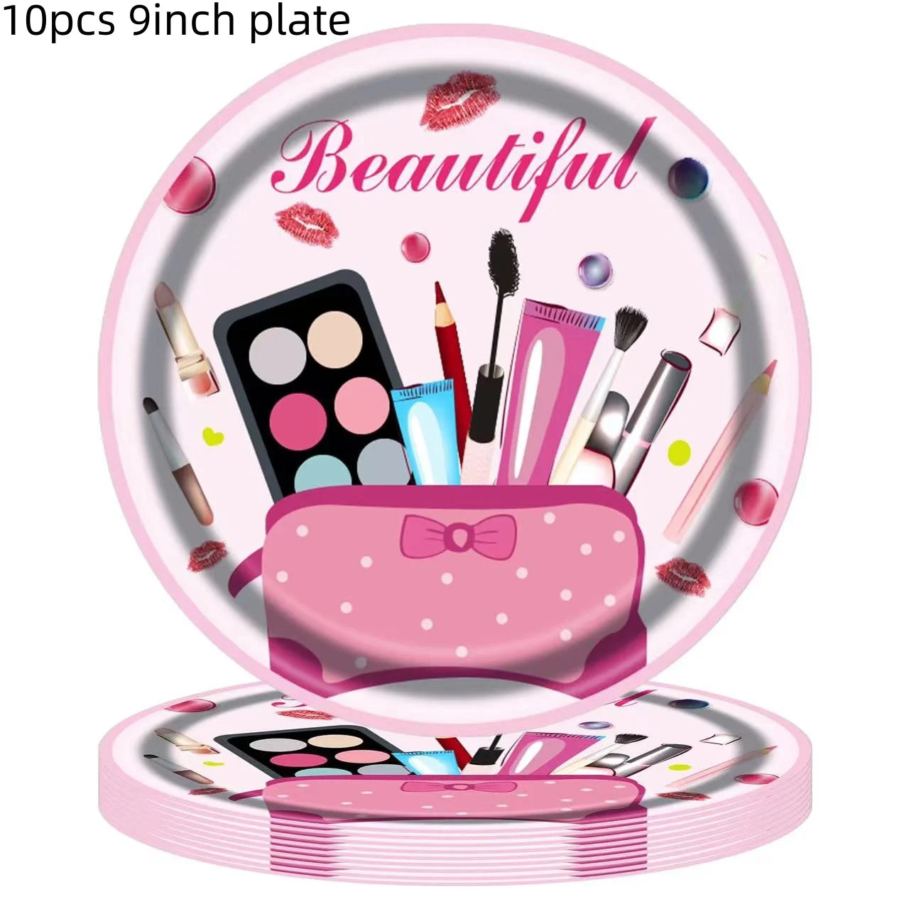 Make Up Theme Birthday Disposable Tableware Paper Plate Cups For Spa Makeup Girl Party Lipstick Red Lips Balloon Valentines Gift