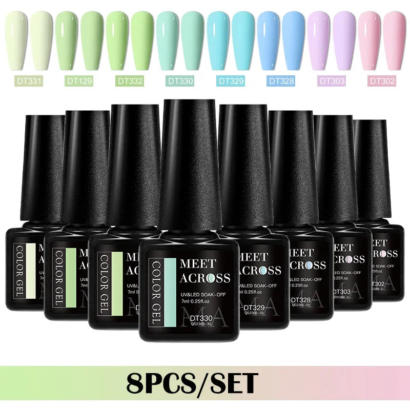 MEET ACROSS 8-teiliges Gel-Nagellack-Set für alle Jahreszeiten, Neon-Marcaron-Grün-Rot-Serie, UV-Gel-Lack-Maniküre-Set, Nagelzubehör