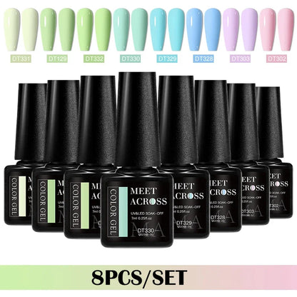 MEET ACROSS 8-teiliges Gel-Nagellack-Set für alle Jahreszeiten, Neon-Marcaron-Grün-Rot-Serie, UV-Gel-Lack-Maniküre-Set, Nagelzubehör