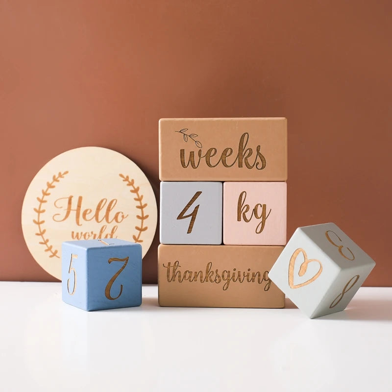 Baby Wooden Milestone Blocks 0-12 Months Newborn Birth Grow up High Quality Commemorate Props Infant Photography Accessoriees