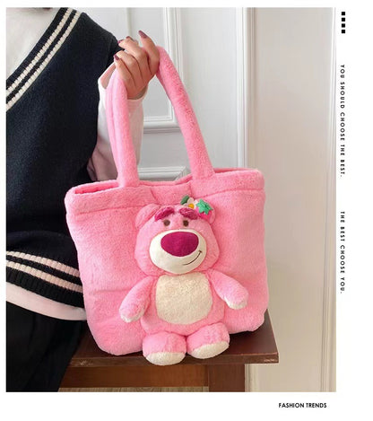 Disney 2025 New Cartoon Plush Doll Shoulder Bag Sweet and Cute Stitch Strawberry Bear Soft Cute Girls Handbag