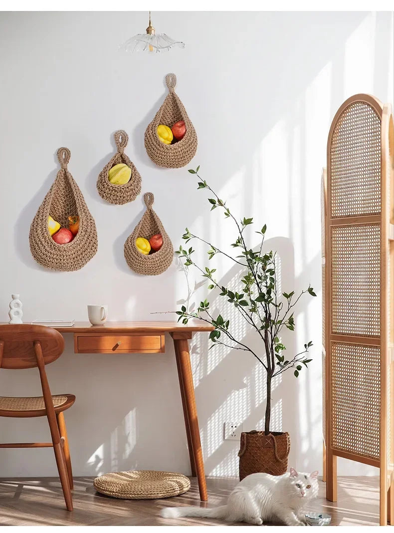 Handwoven Hanging Wall Fruit Vegetable Basket Organizer Container Decor for Kitchen Garden Mount Wall Plant Flower Onion Storag