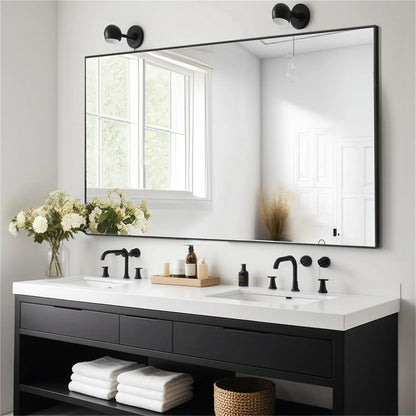 60x90CM Rectangular Wall Mounted Mirror Bathroom Bedroom Makeup Dressing Mirror Black Framed Horizontal or Vertical