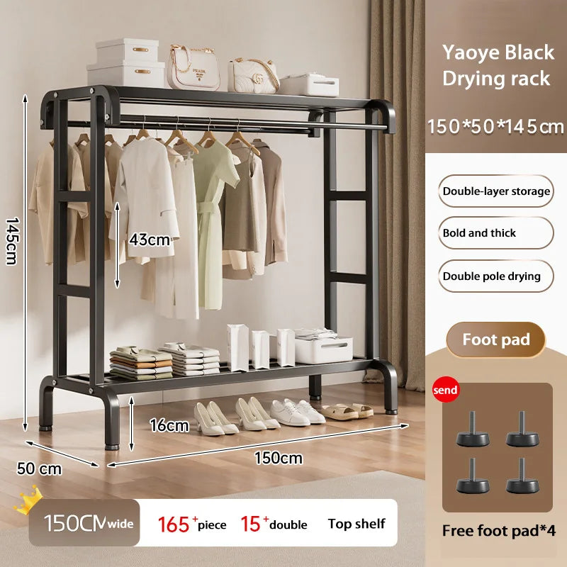 Movable Coat Rack With Universal Wheels Multifunctional Double-deck Simple Clothes Hanger Floor-Standing Bedroom Wardrobe