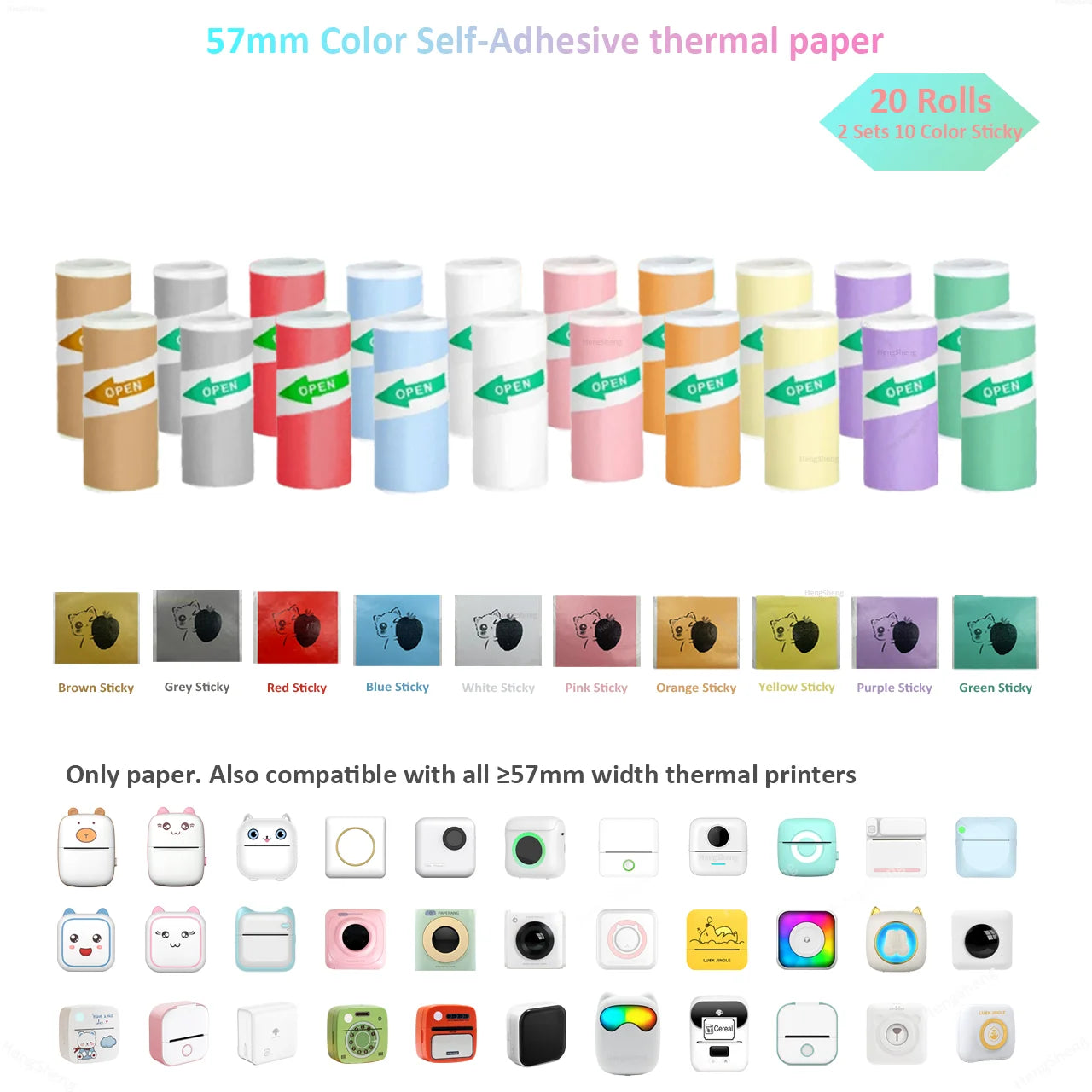 Color Label Sticker Mini Printer Thermal Paper 57mm 10ft Self-adhesive Thermal Printing Paper For Inkless Printing Photo Picture