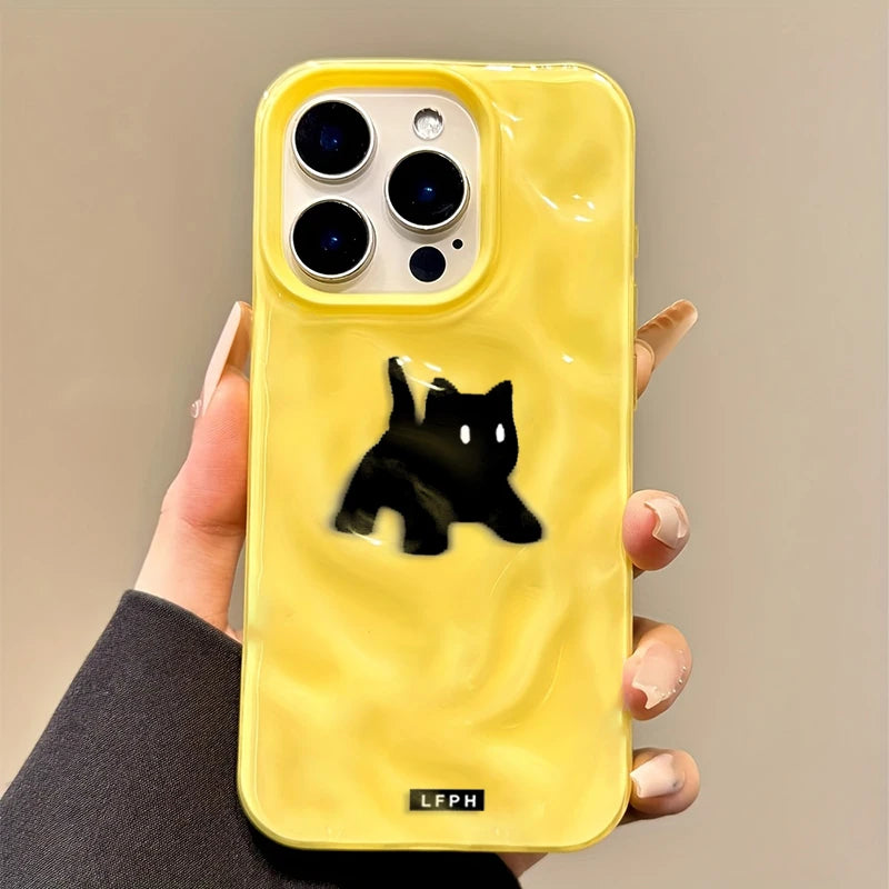 Cute Black Fuzzy Cat Shockproof Phone Case For iPhone 17Air 16 15 14 12 13 11 Pro Max Candy Color Wave Pattern Protective Cover