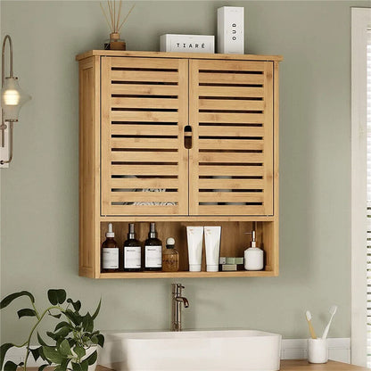 Natural Bamboo Wall-mounted Bathroom Cabinet, Kitchen Cupboard, Storage Organizer, Adjustable Shelf