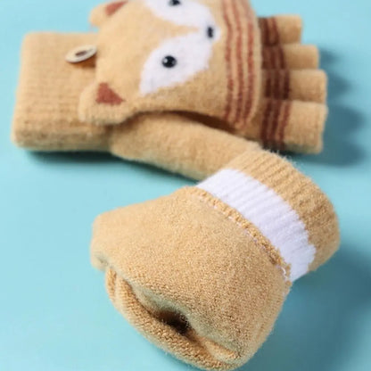 Flip Fingerless Gloves Autumn Winter Children Knitted Gloves Cute Cartoon Fox Warm Half-Finger Gloves