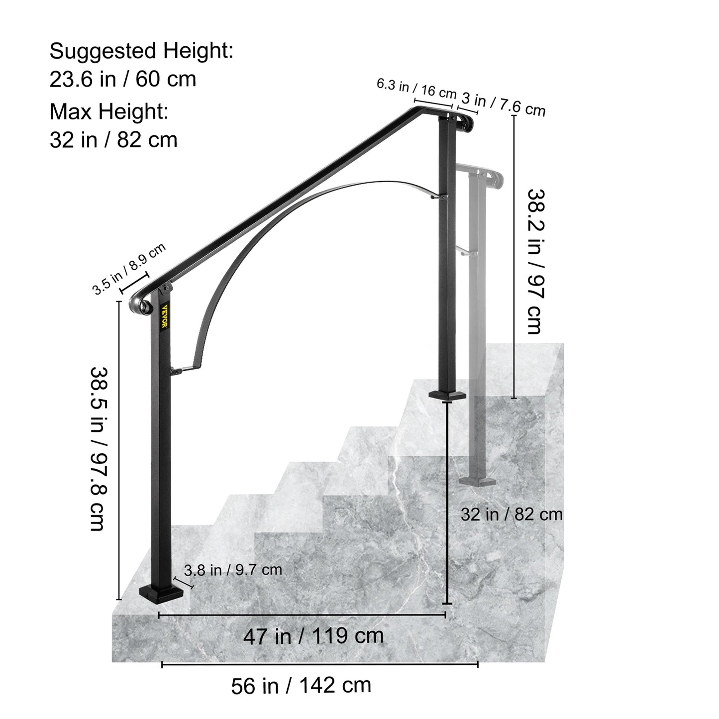 VEVOR Handrails for Outdoor Steps Fit 4 or 5 Steps Outdoor Stair Railing Arch#4 Wrought Iron Handrail Flexible Porch Railing