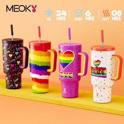 Meoky Cup 40oz Large Tumbler Straw Cup with Lid leak-proof Sainless Steel Vacuum Insulated Car Mug Water Bottle Pride Month