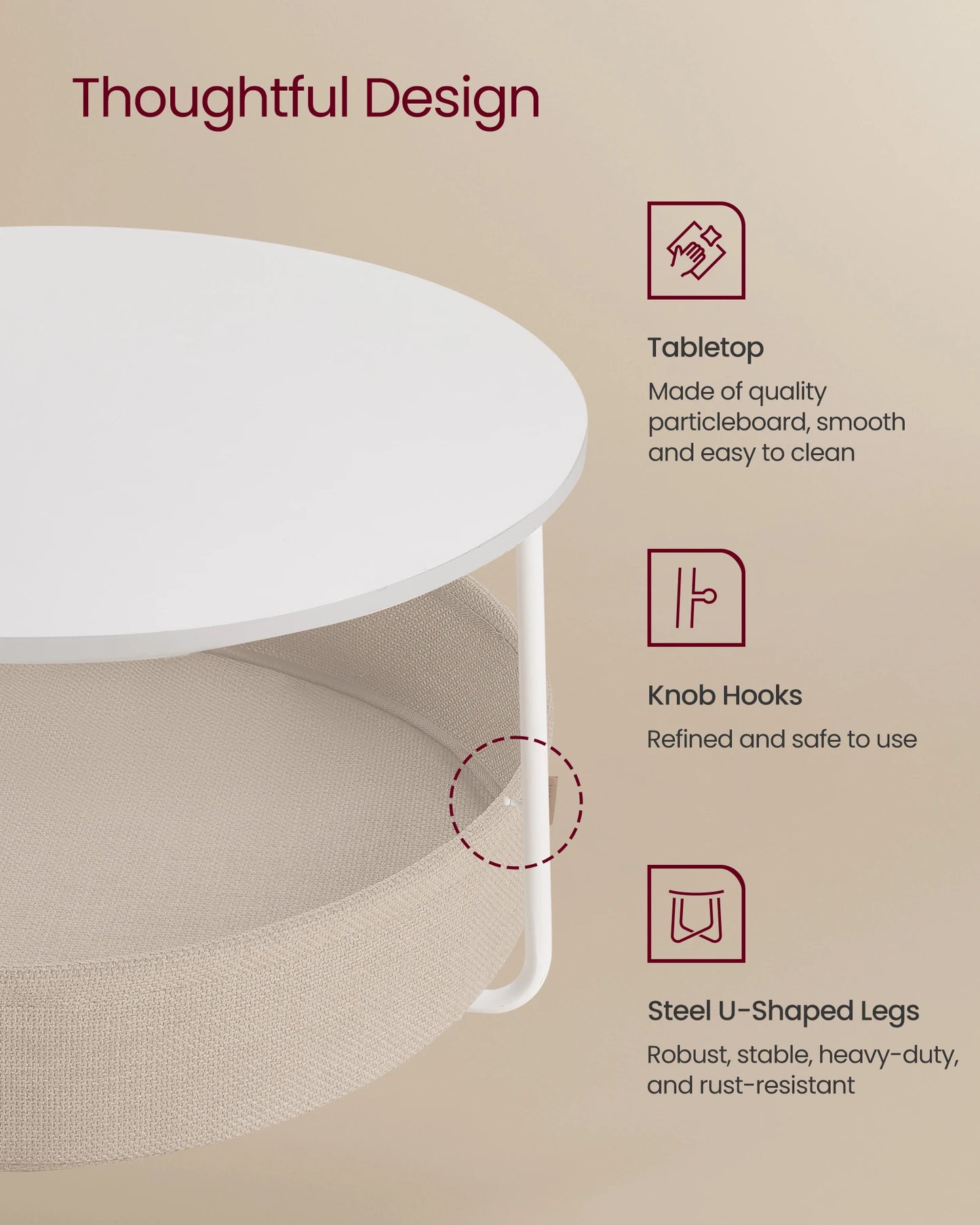 VASAGLE Coffee Table with Storage, Round Center Table for Living Room with Fabric Basket, Modern Style