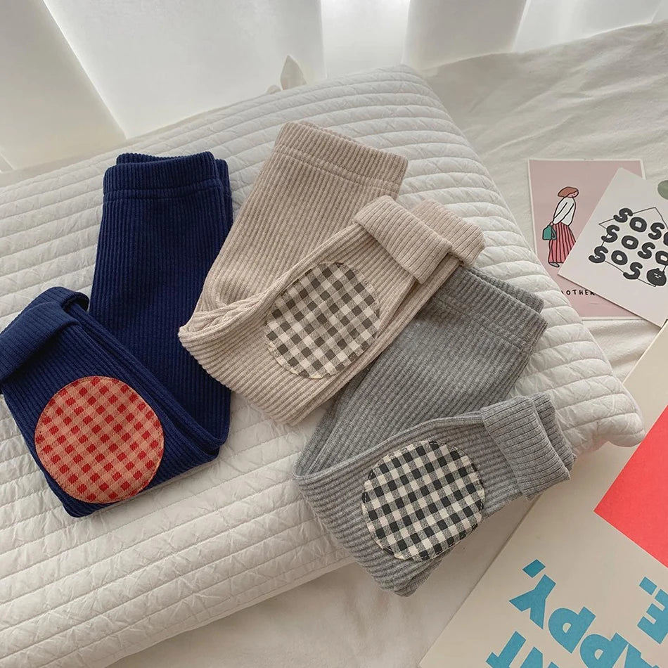Kids Colorful Plaid Patched Feature Design Cute Warm Long Leggings Suitable Little Baby Trendy and Comfortable Clothing Matching