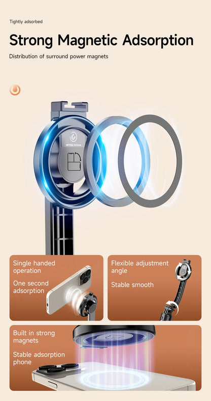 Magnetic Selfie Stick Tripod with Bluetooth Remote Magsafe Cellphone Stand for iPhone 14 13 12 Pro Max Vertical Shooting