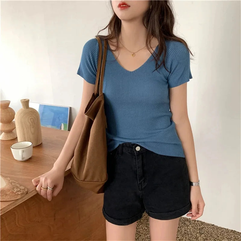 Basic V-neck Solid Thin Summer Pullover Women Female Knitted Ribbed Sweater Slim Short Sleeve Bodycon Sweater