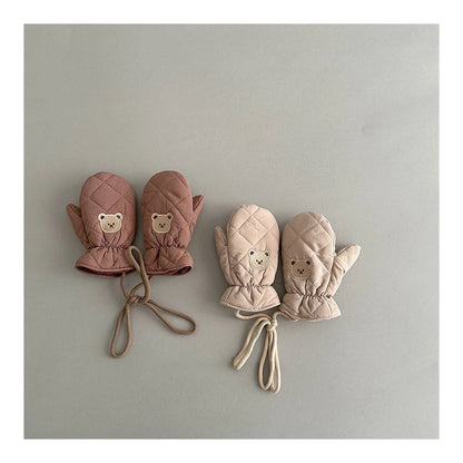 Kids Winter Gloves with Neck String - Warm Cartoon Mittens for Toddlers