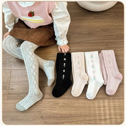 1-12Years Kids Autumn Elastic Tights Jacquard Soft Teenager Leggings Girls Knit Cotton Pantyhose Sweet Cute Baby Bottom Clothes