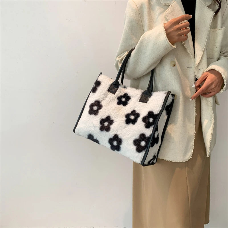 Winter Faux Fur ,Leopard Print Designer Shopper Totes, Fashion Soft Plush Women Shoulder Bags, Large Capacity Handbags and Purse